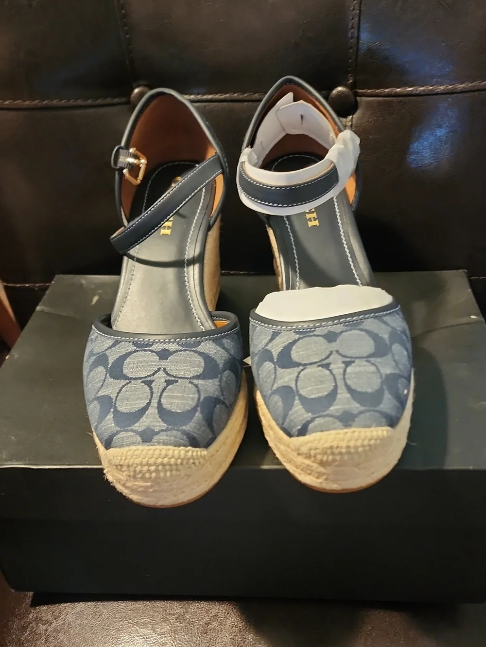 Coach Blue Signature Canvas Espadrille Wedge Sandals with Ankle Strap